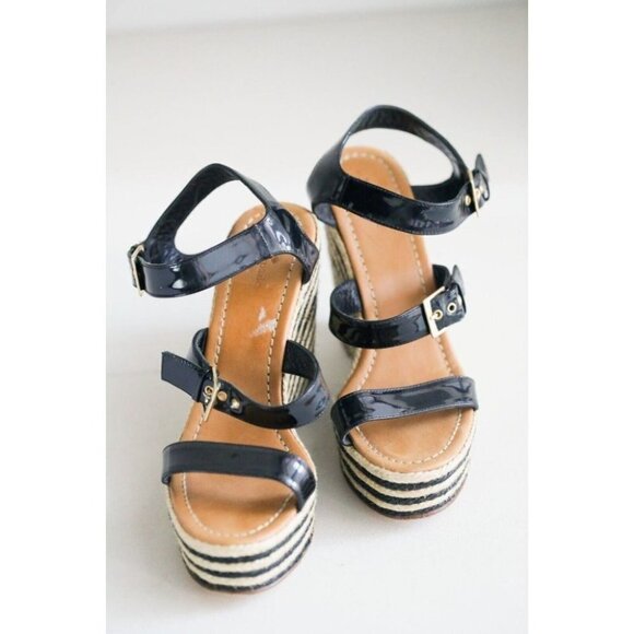 NEW Kate Spade Classic Black PAtent Leather Striped Wedge Espadrilles 10 - Picture 3 of 8